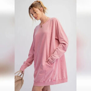 Easel Pink Washed Terry Knit Long Sleeve Pullover Tunic Dress New